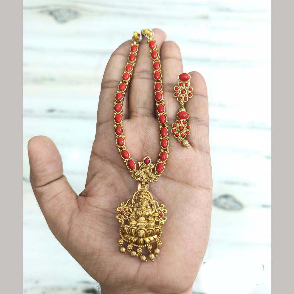 Joyful Jewel Art Matte Gold Plated Pota Stone And Temple Necklace Set