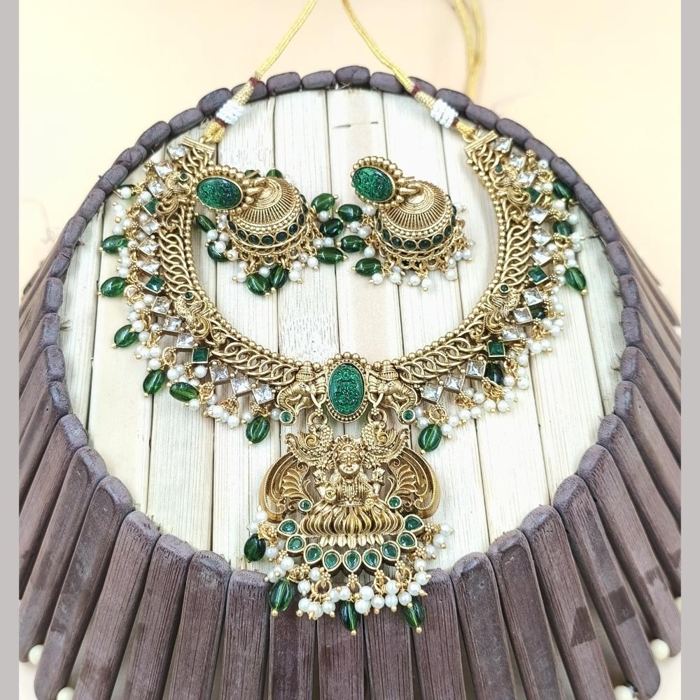 Joyful Jewel Art Matte Gold Plated Pota Stone And Temple Necklace Set