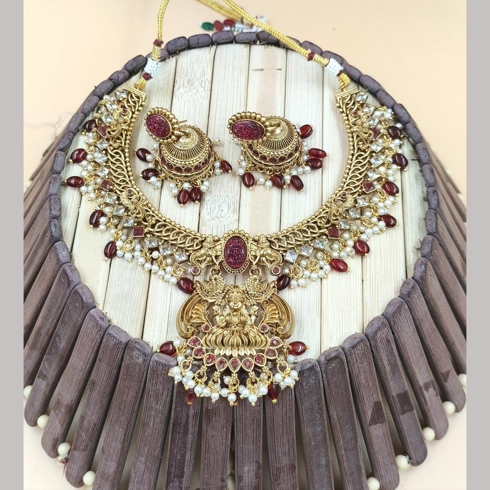 Joyful Jewel Art Matte Gold Plated Pota Stone And Temple Necklace Set