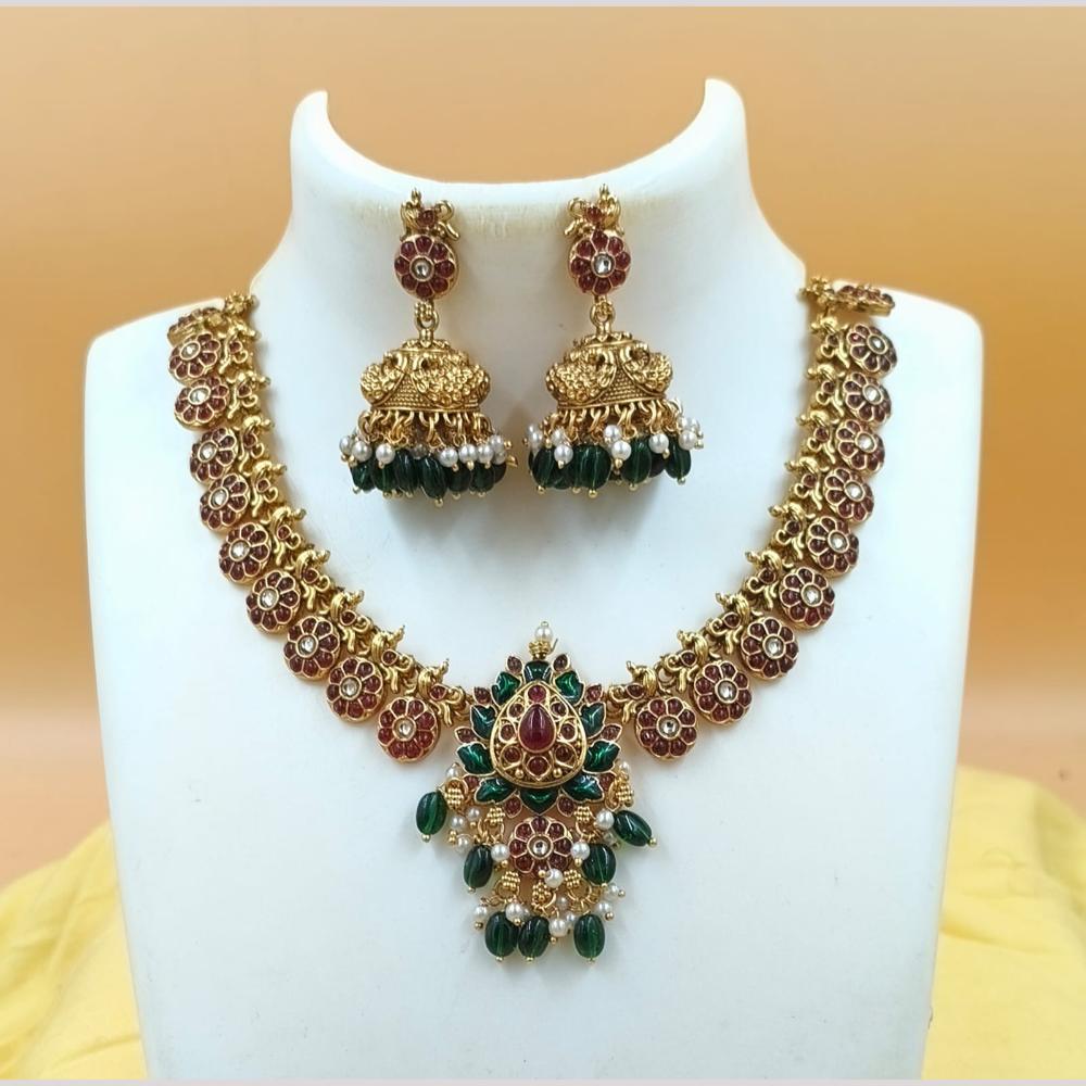 Joyful Jewel Art Matte Gold Plated Pota Stone And Beads Meenakari Necklace Set