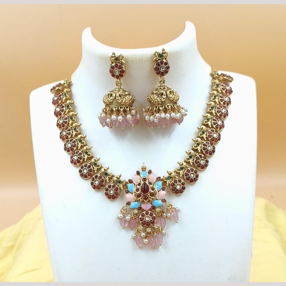 Joyful Jewel Art Matte Gold Plated Pota Stone And Beads Meenakari Necklace Set