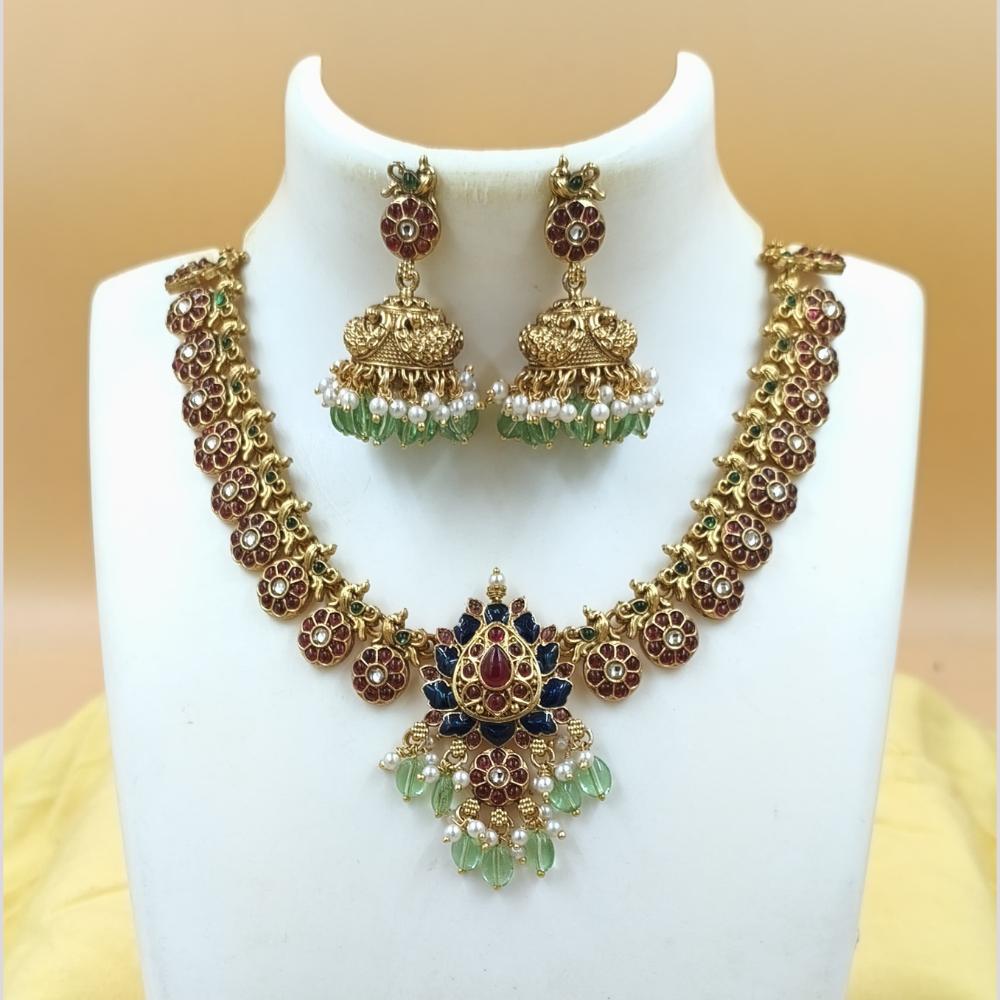 Joyful Jewel Art Matte Gold Plated Pota Stone And Beads Meenakari Necklace Set