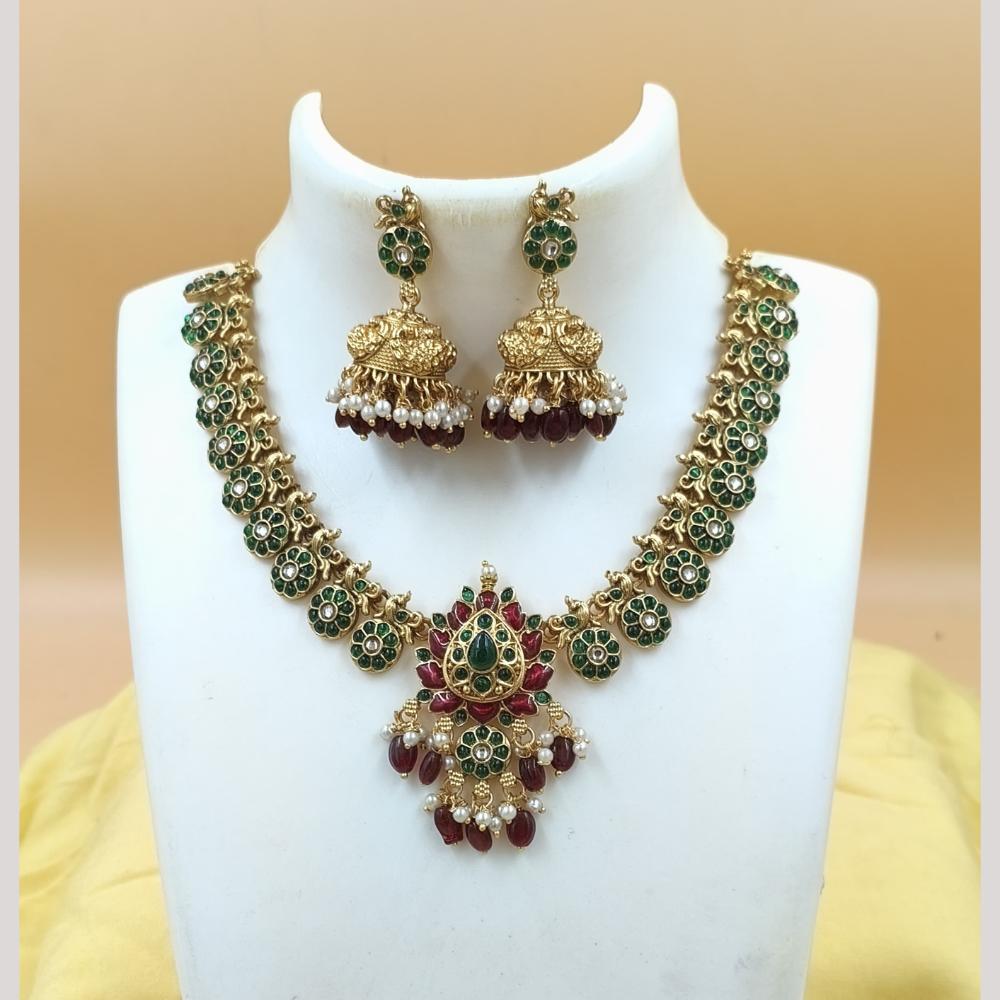 Joyful Jewel Art Matte Gold Plated Pota Stone And Beads Meenakari Necklace Set