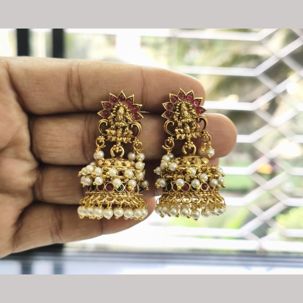 Joyful Jewel Art Matte Gold Plated Pota Stone And Pearls Temple Jhumki Earrings