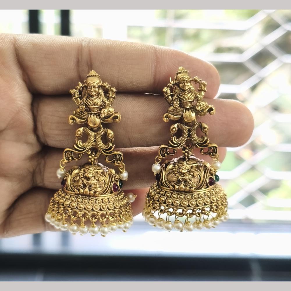 Joyful Jewel Art Matte Gold Plated Pota Stone And Pearls Temple Jhumki Earrings