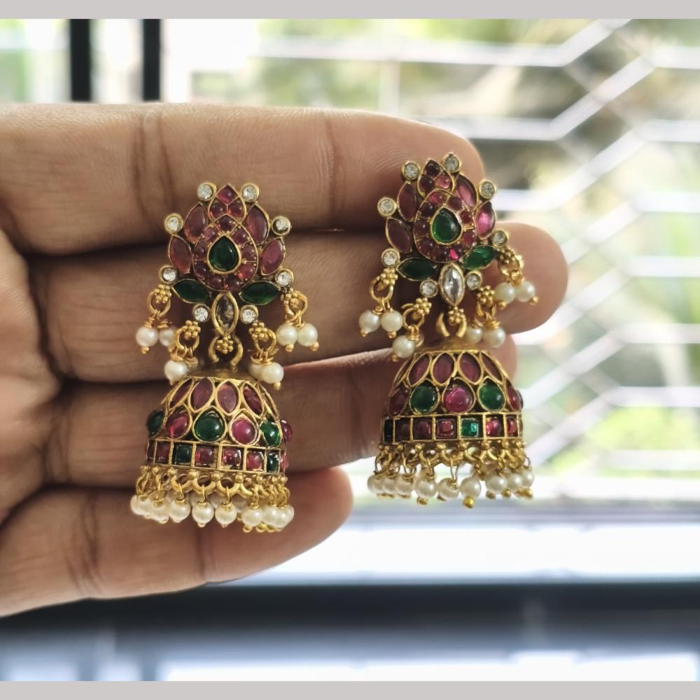 Joyful Jewel Art Matte Gold Plated Pota Stone And Pearls Jhumki Earrings