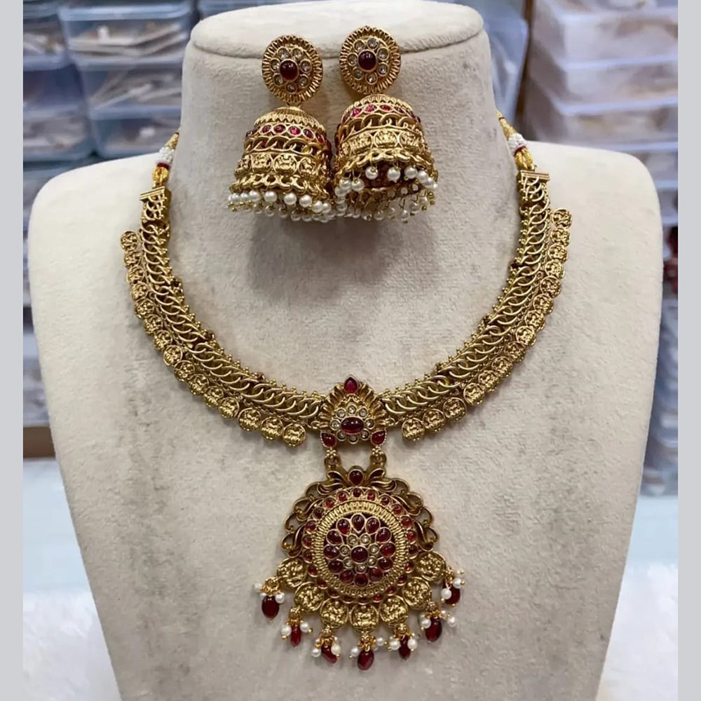 Joyful Jewel Art Matte Gold Plated Pota Stone And Pearl Necklace Set