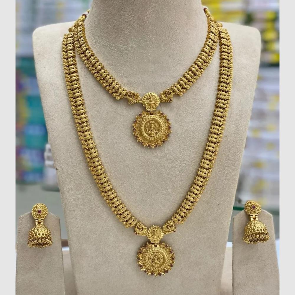 Joyful Jewel Art Matte Gold Plated Pota Stone And Pearl Temple Double Necklace Set