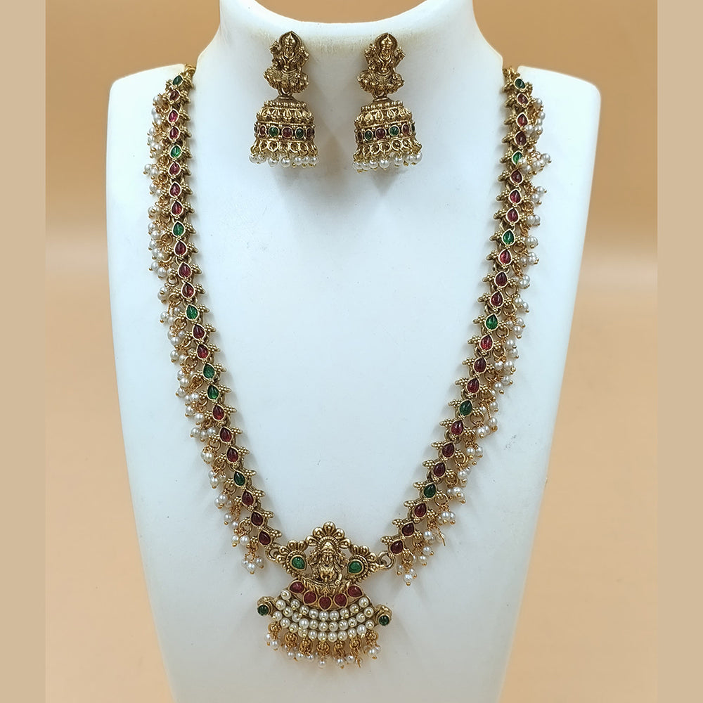 Joyful Jewel Art Matte Gold Plated Pota Stone Temple Necklace Set