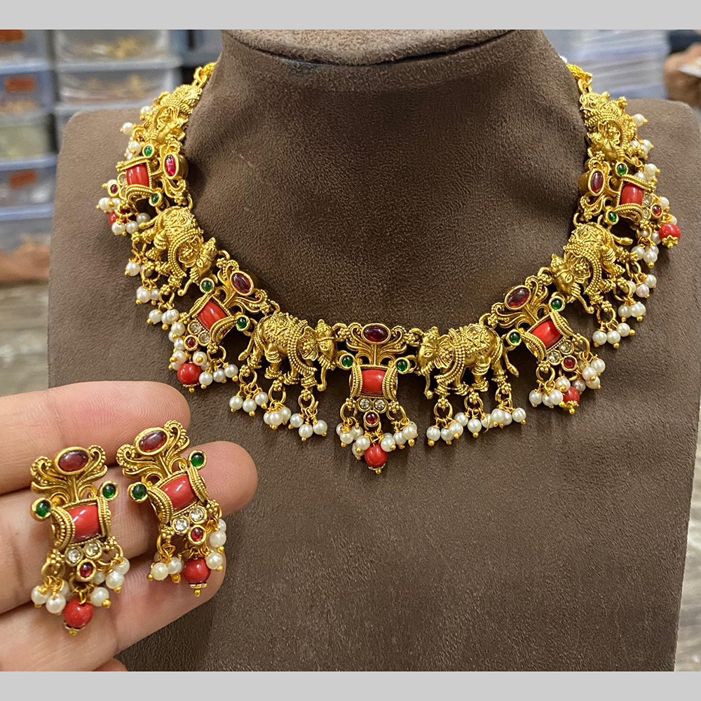 Joyful Jewel Art Matte Gold Plated Pota Stone And Pearl Necklace Set