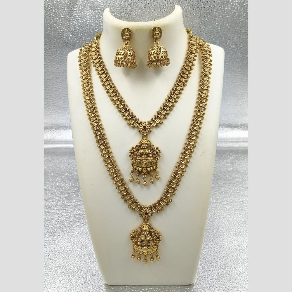Joyful Jewel Art Matte Gold Plated Pota Stone And Pearl Temple Double Necklace Set
