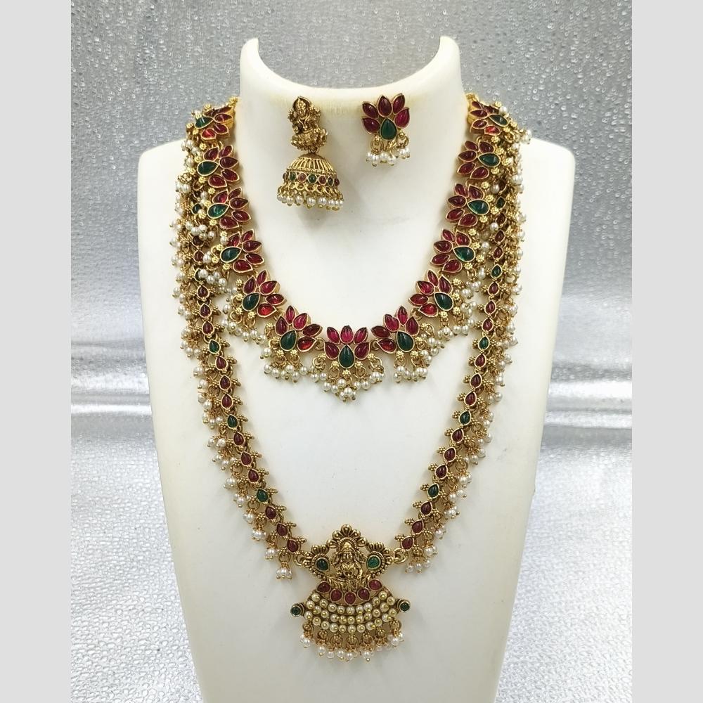 Joyful Jewel Art Matte Gold Plated Pota Stone And Pearl Temple Double Necklace Set