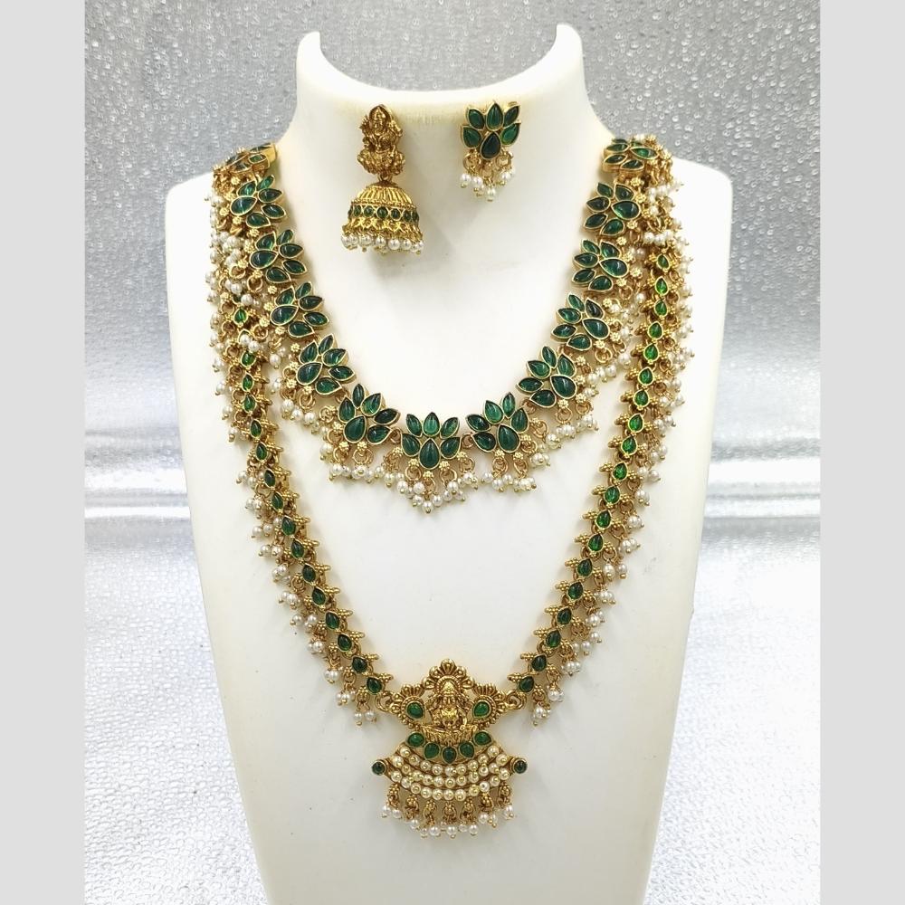 Joyful Jewel Art Matte Gold Plated Pota Stone And Pearl Temple Double Necklace Set