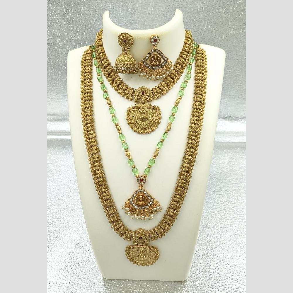 Joyful Jewel Art Matte Gold Plated Pota Stone And Pearls Temple Combo Necklace Set