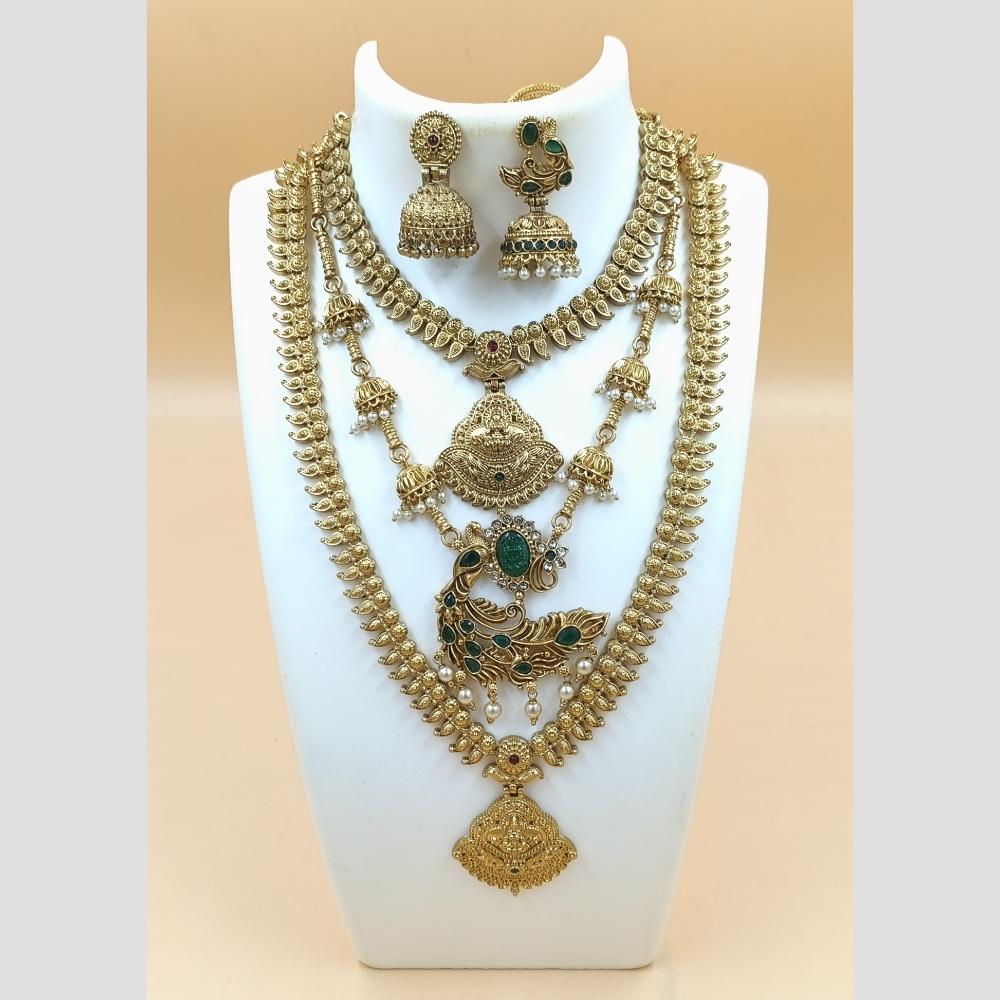 Joyful Jewel Art Matte Gold Plated Pota Stone And Pearls Temple Combo Necklace Set