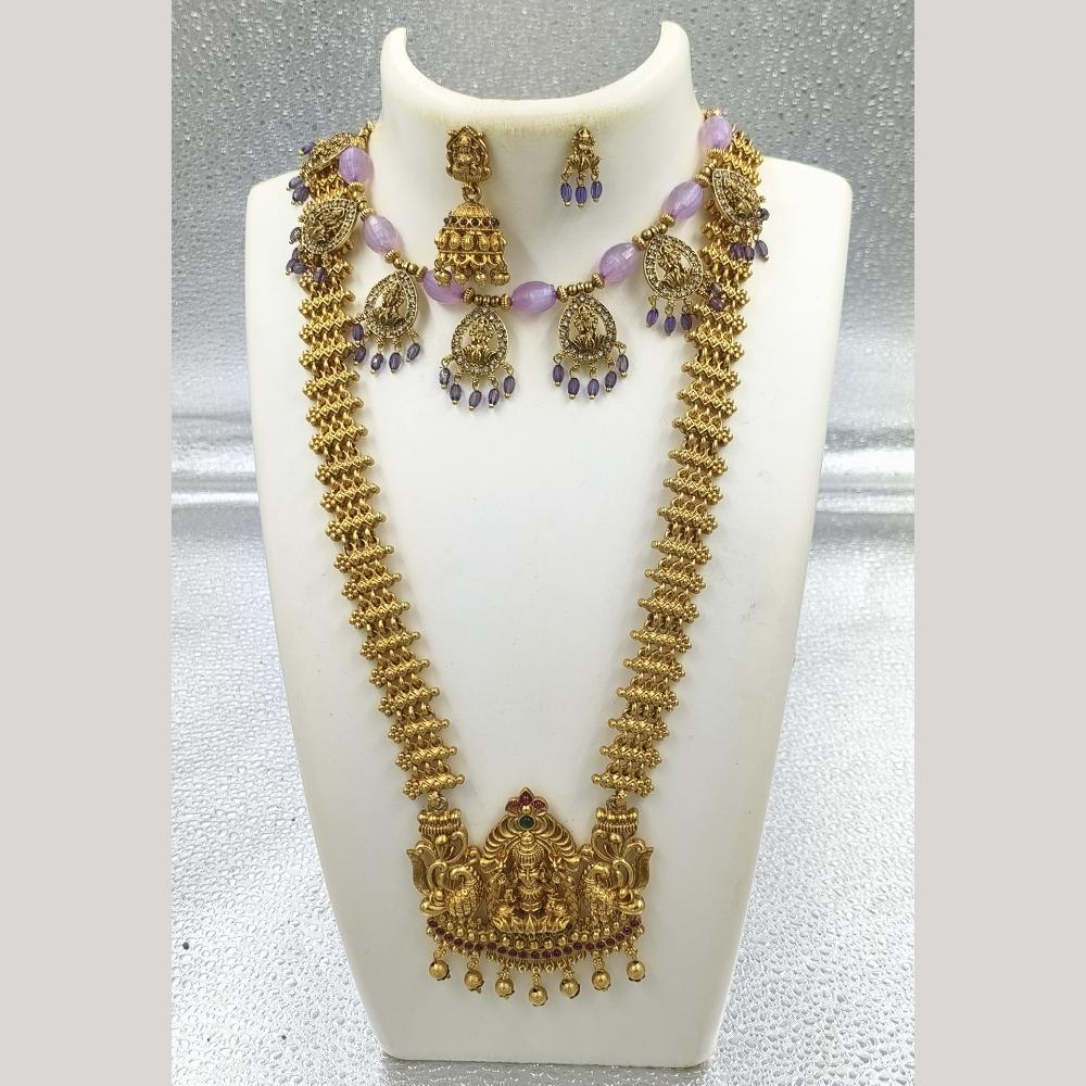 Joyful Jewel Art Matte Gold Plated Pota Stone And Pearl Temple Double Necklace Set