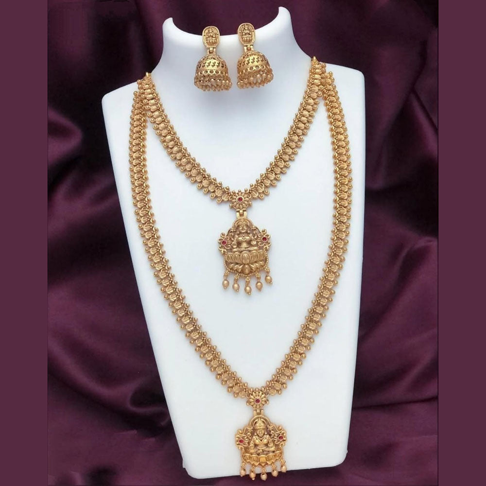 Joyful Jewel Art Matte Gold Plated Pota Stone And Pearl Temple Double Necklace Set