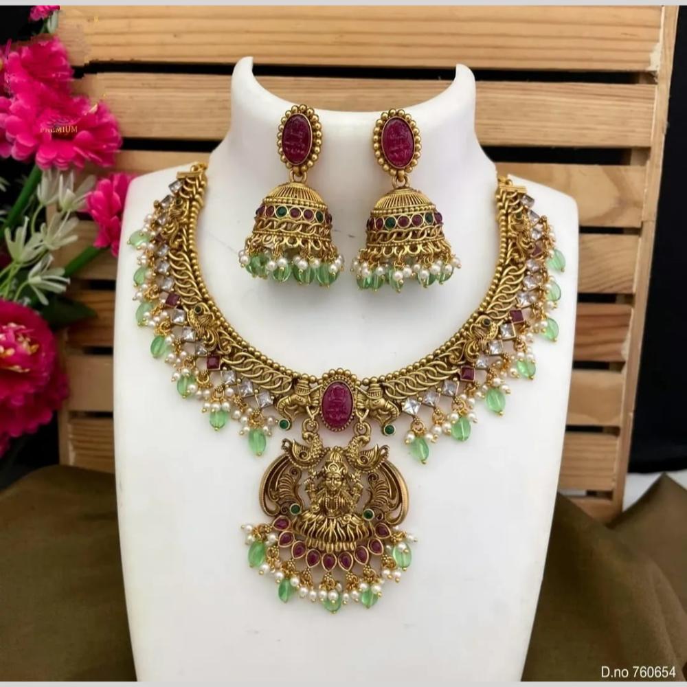 Joyful Jewel Art Matte Gold Plated Pota Stone Temple Necklace Set