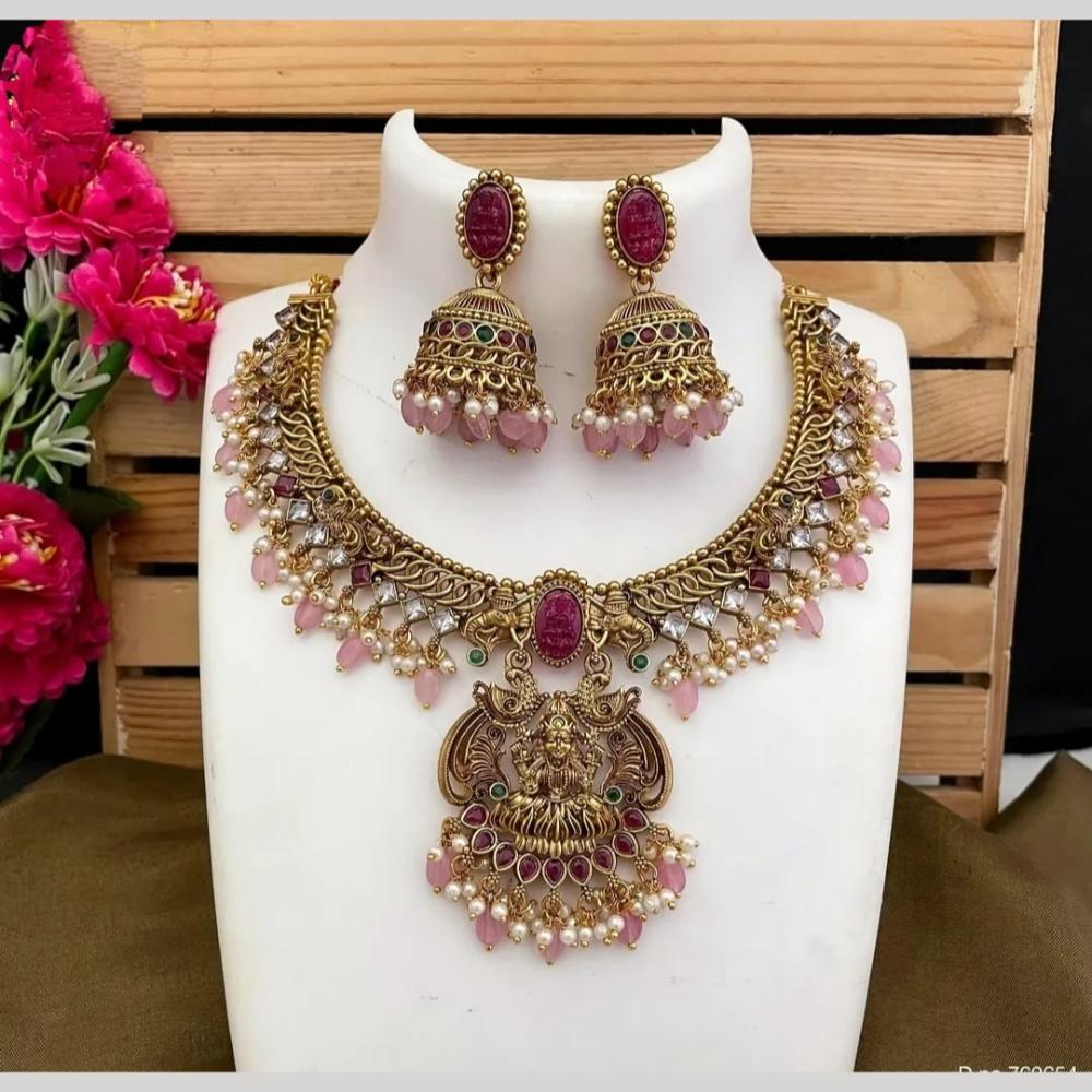 Joyful Jewel Art Matte Gold Plated Pota Stone Temple Necklace Set