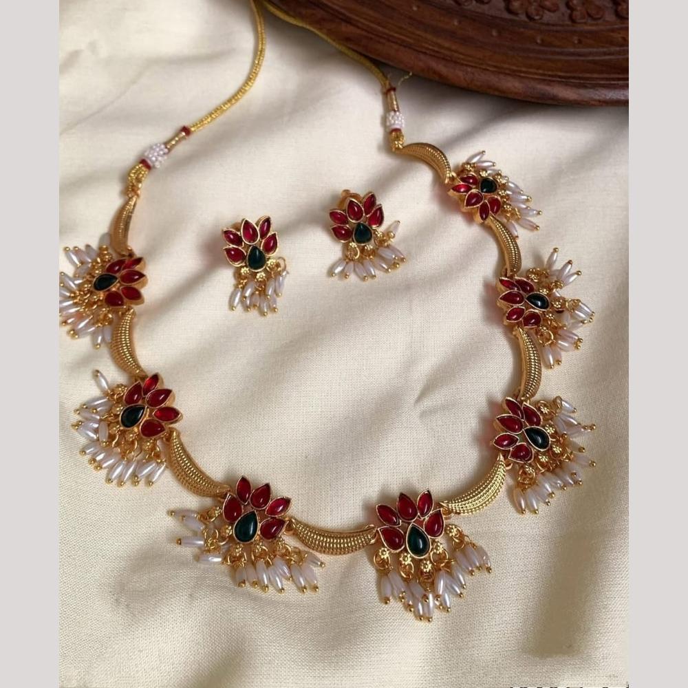 Joyful Jewel Art Matte Gold Plated Pota Stone And Pearl Necklace Set