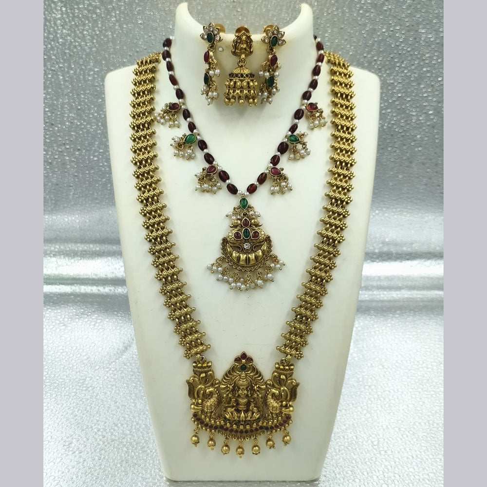 Joyful Jewel Art Matte Gold Plated Pota Stone And Pearl Temple Double Necklace Set