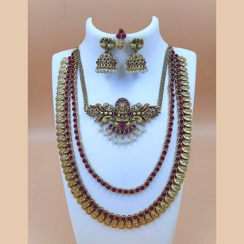 Joyful Jewel Art Matte Gold Plated Pota Stone And Pearl Temple Double Necklace Set