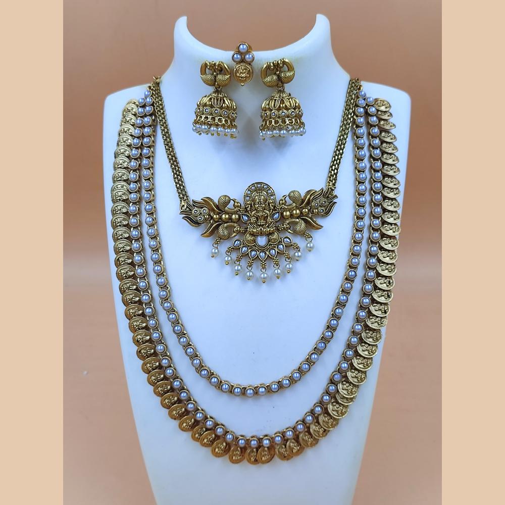 Joyful Jewel Art Matte Gold Plated Pota Stone And Pearl Temple Double Necklace Set