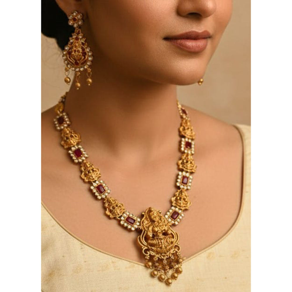 Joyful Jewel Art Matte Royal Pota Stone And Pearl Temple Necklace Set