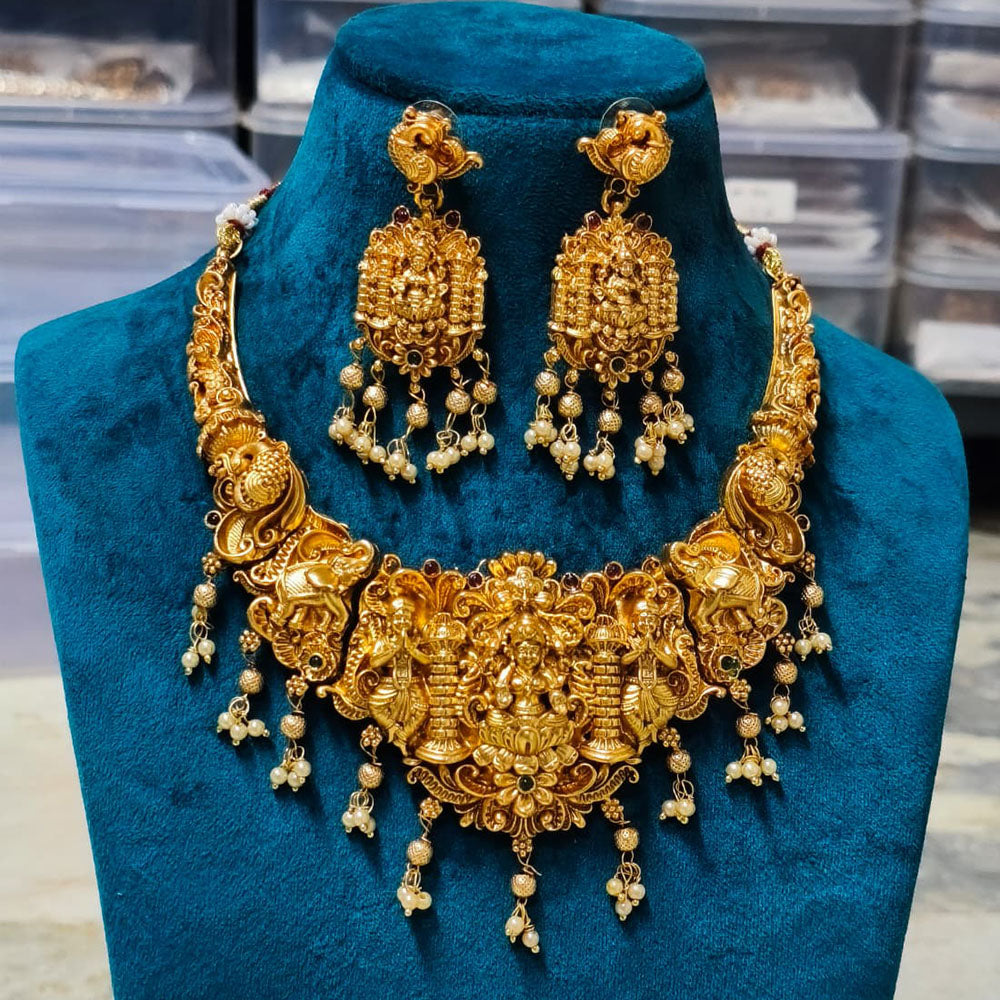 Joyful Jewel Art Matte Royal Pota Stone And Pearl Temple Necklace Set