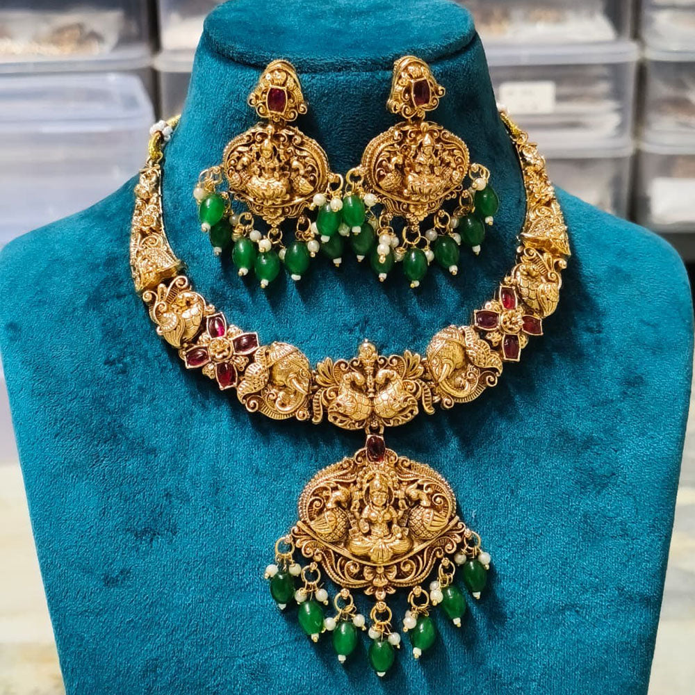 Joyful Jewel Art Matte Royal Pota Stone And Pearl Temple Necklace Set