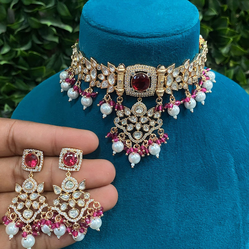 Gold Plated Kundan Pearl Choker Necklace Set For Women - Handmade Jewelry With Earrings & Maang Tikka, Traditional Indian Design (K7266) - View #6