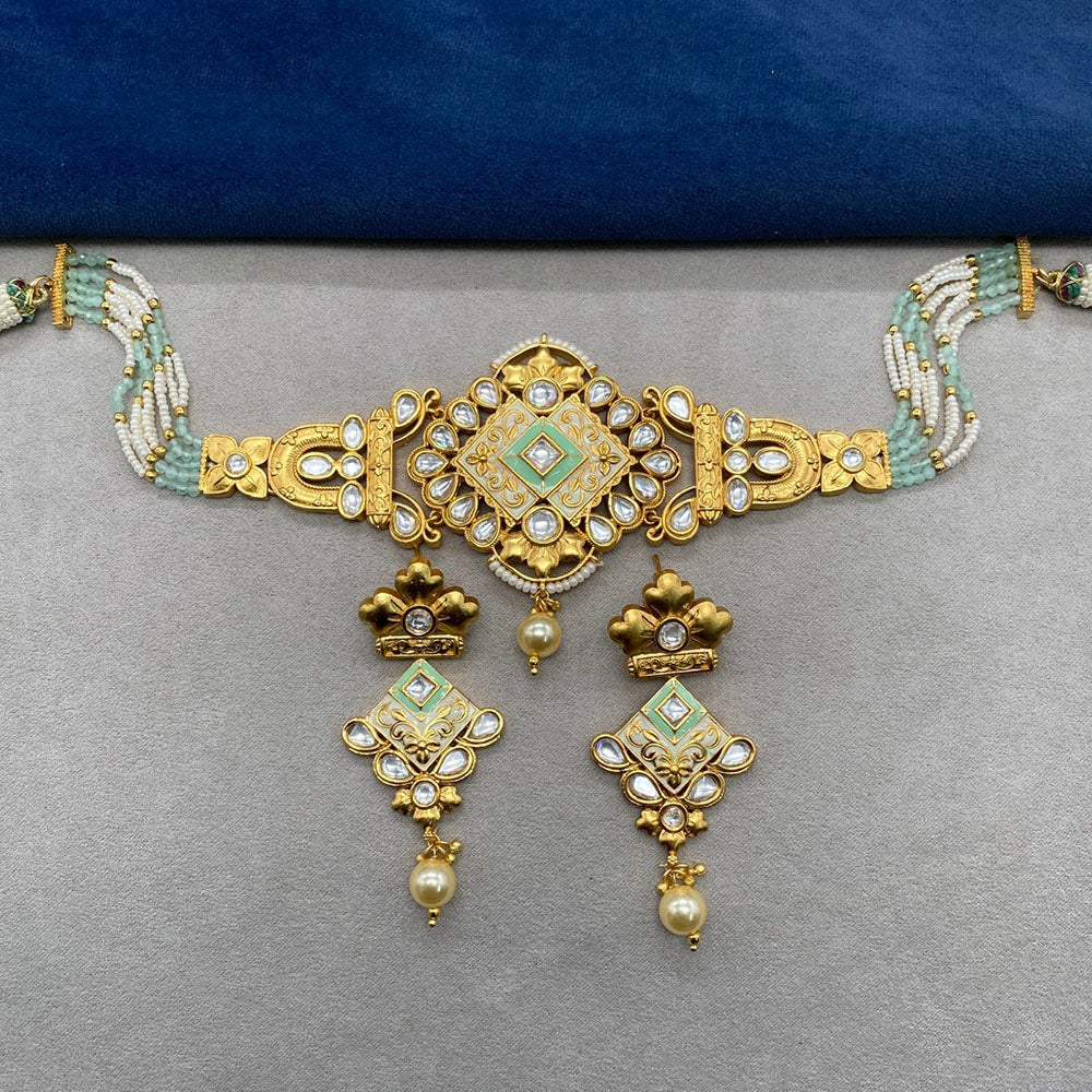 Amoliya Jewels Gold Plated Polki Kundan Stone And Beads Meenakari Choker Necklace Set