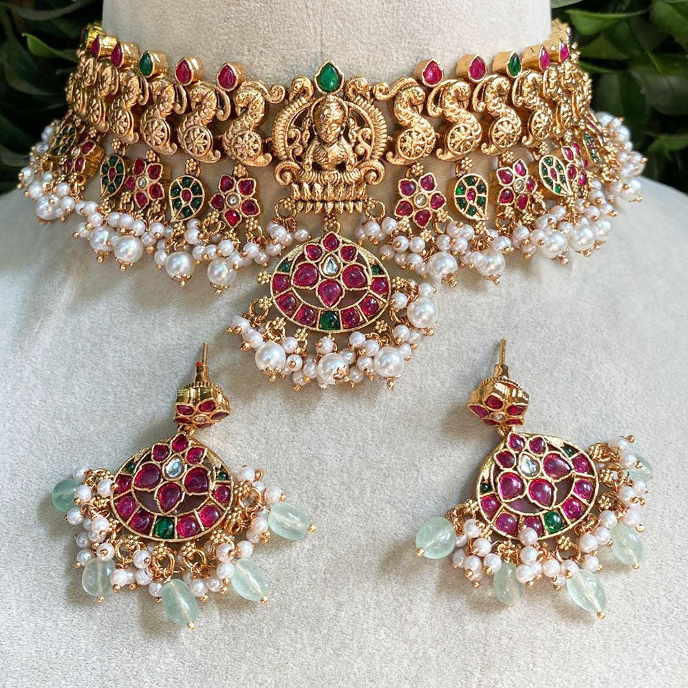 Amoliya Jewels Gold Plated Kundan Stone And Pearls Choker Necklace Set