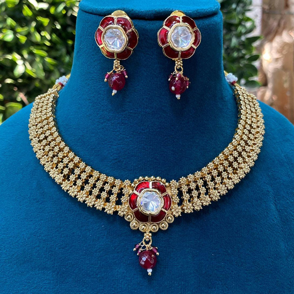 Amoliya Jewels Gold Plated Polki Kundan Stone And Meenakari Necklace Set