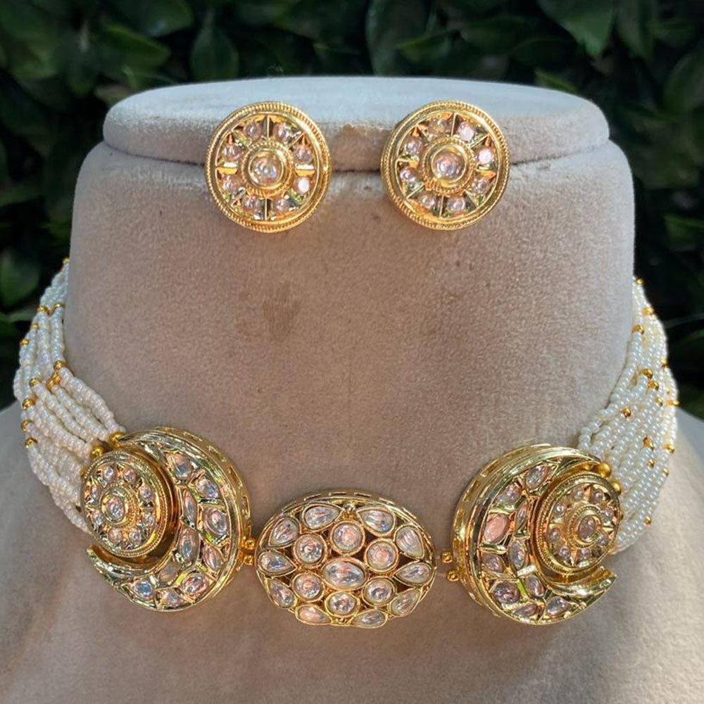 Amoliya Jewels Gold Plated Polki Kundan Stone And Pearls Choker Necklace Set