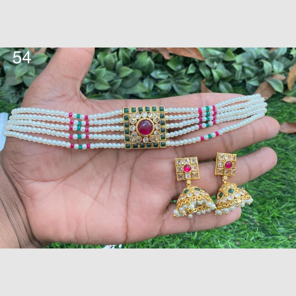 Amoliya Jewels Gold Plated Pota Stone And Pearls Choker Necklace Set