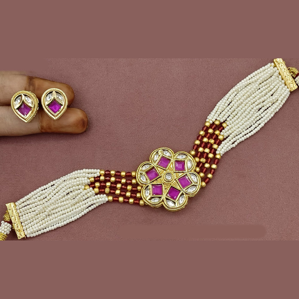 Amoliya Jewels Gold Plated Pota Stone And Pearl Choker Necklace Set