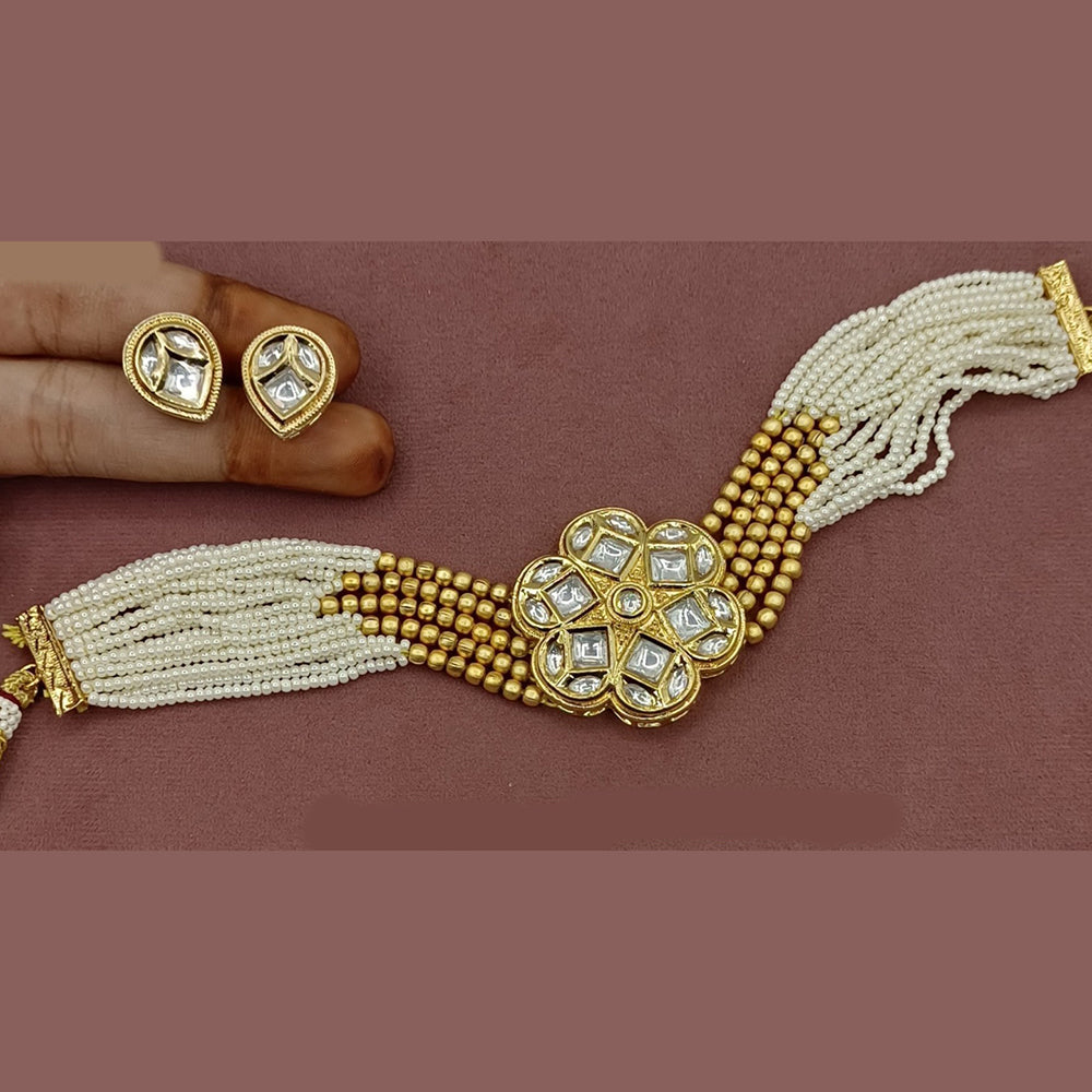 Amoliya Jewels Gold Plated Pota Stone And Pearl Choker Necklace Set