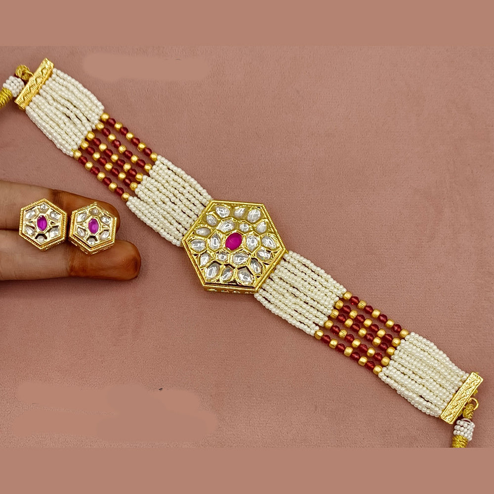 Amoliya Jewels Gold Plated Pota Stone And Pearl Choker Necklace Set