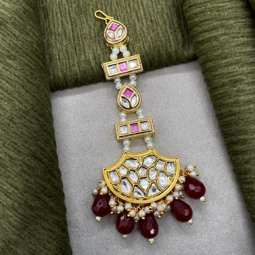 Amoliya Jewels Gold Plated Polki Kundan Stone And Beads Maangtikka