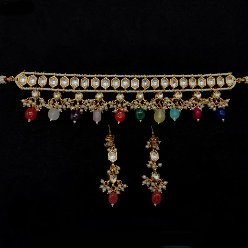 Amoliya Jewels Gold Plated Kundan Stone And Beads Choker Necklace Set