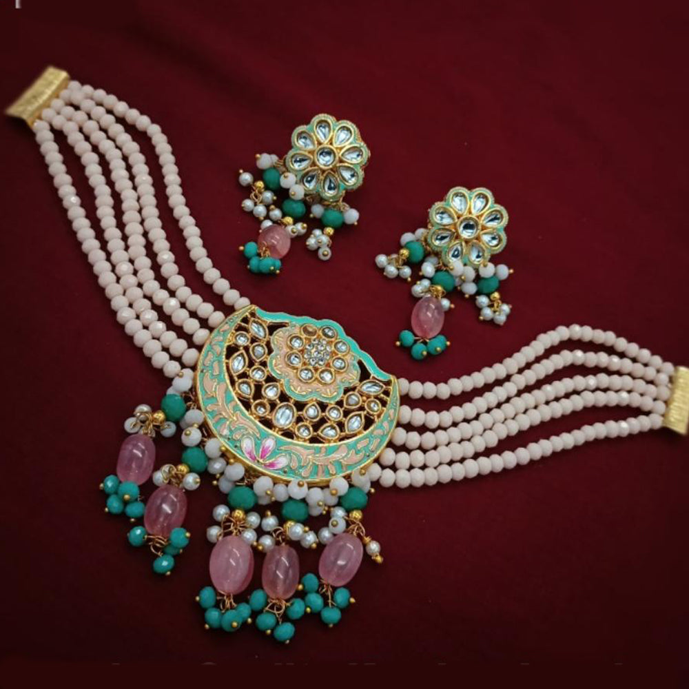 Amoliya Jewels Gold Plated Kundan Stone And Beads Meenakari Choker Necklace Set