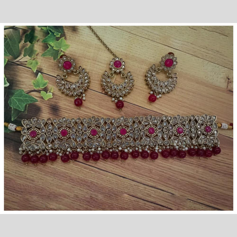 Amoliya Jewels Gold Plated Crystal Stone And Beads Choker Necklace Set