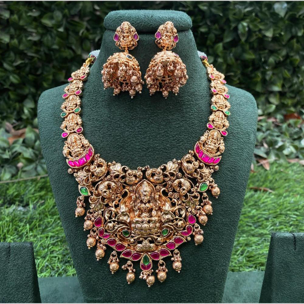 Amoliya Jewels Gold Plated Pota Stone Temple Necklace Set