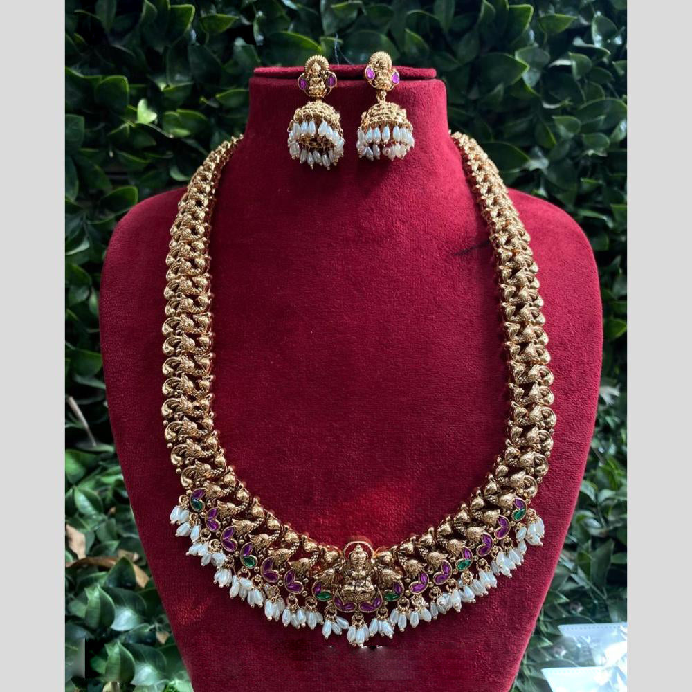 Amoliya Jewels Gold Plated Pota Stone And Pearls Temple Long Necklace Set