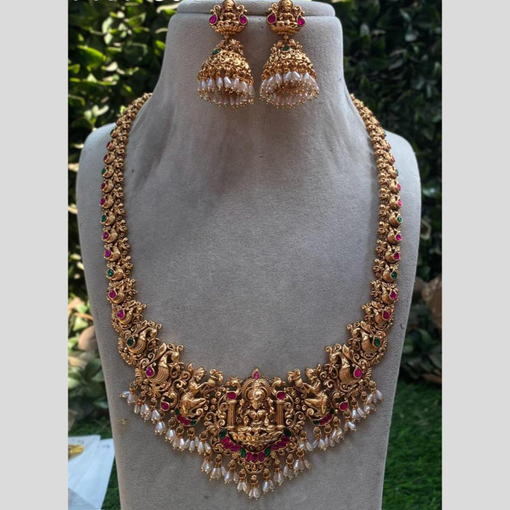 Amoliya Jewels Gold Plated Pota Stone And Pearls Temple Long Necklace Set