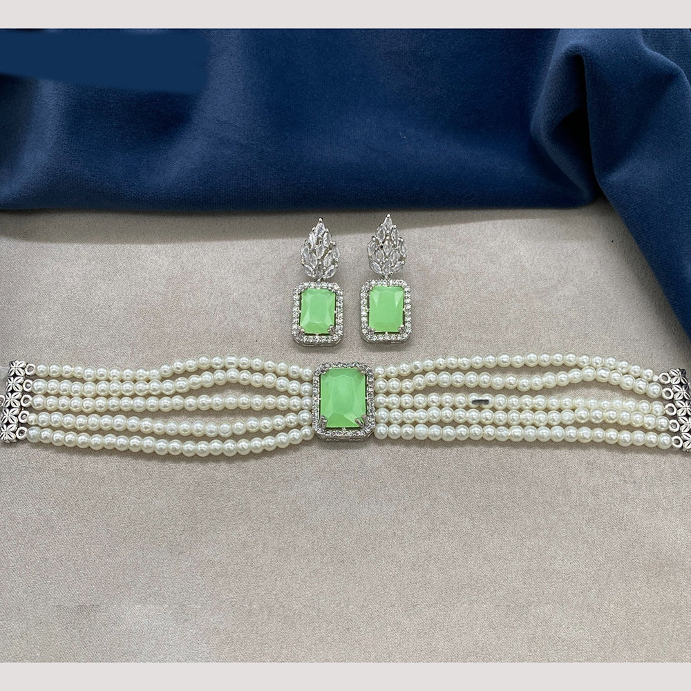 Amoliya Jewels Silver Plated Glamorous Crystal And Pearl Choker Necklace Set