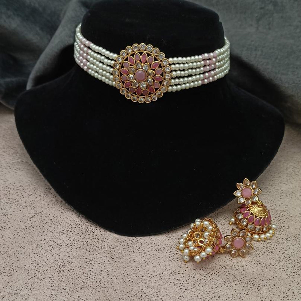 Amoliya Jewels Gold Plated Glamorous Crystal And Pearl Choker Necklace Set