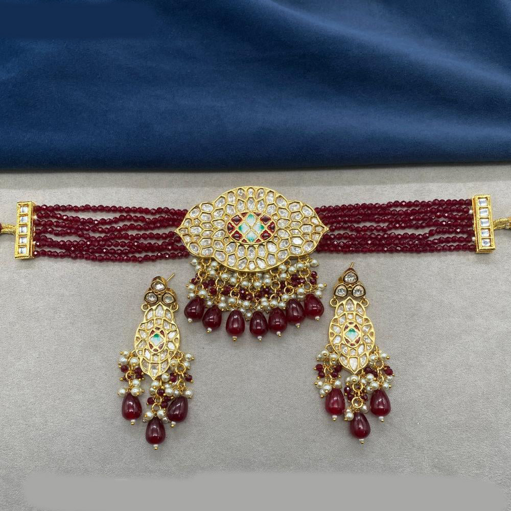 Amoliya Jewels Gold Plated Polki Kundan And Beads Meenakari Choker Necklace Set