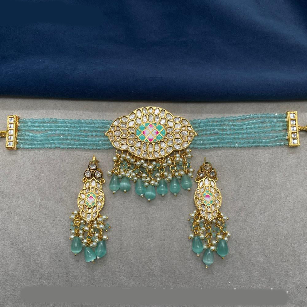 Amoliya Jewels Gold Plated Polki Kundan And Beads Meenakari Choker Necklace Set